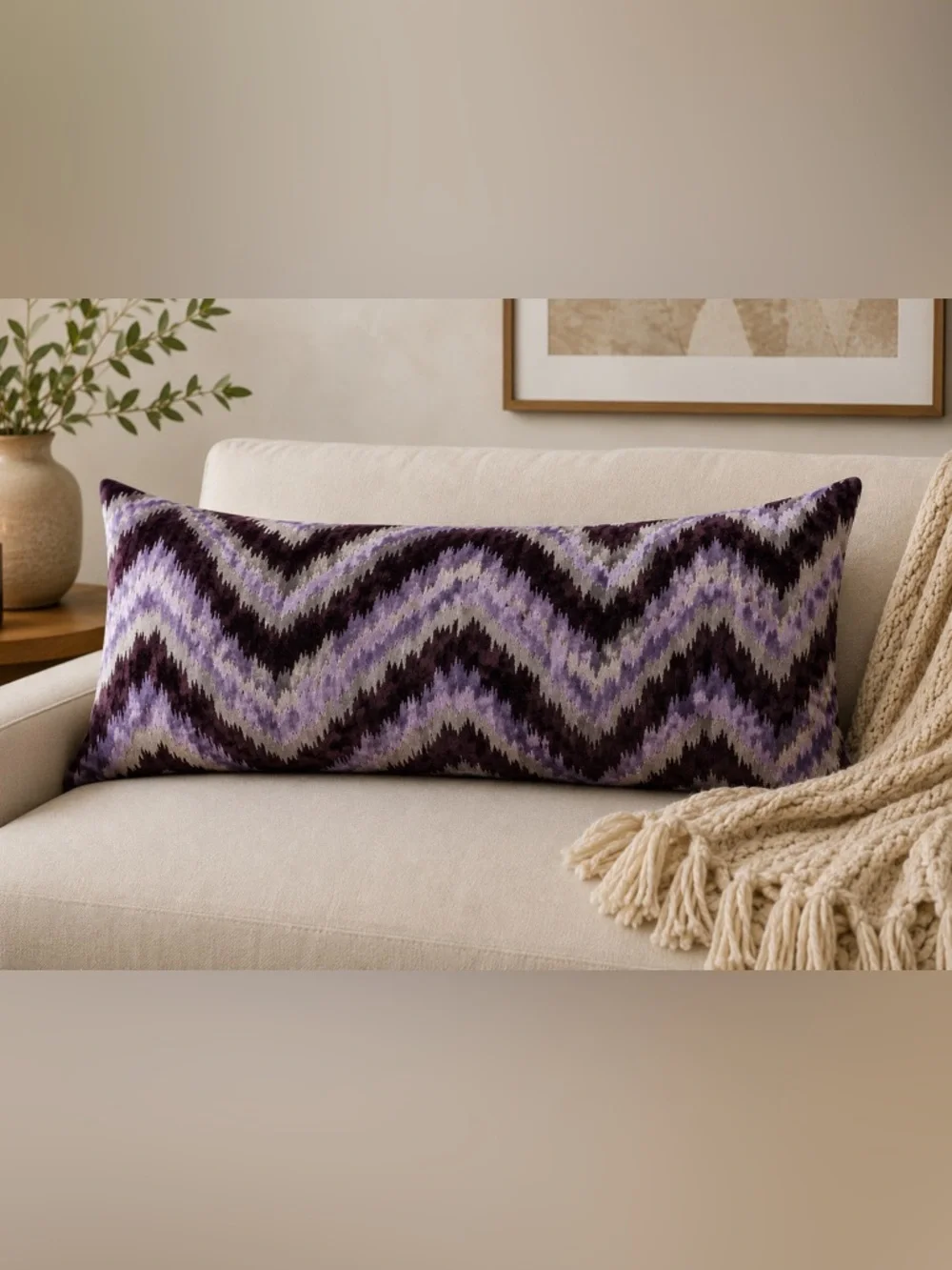 15x24 Purple Lavender Ikat Viscose Velvet Lumbar Pillow Cover Made in UK